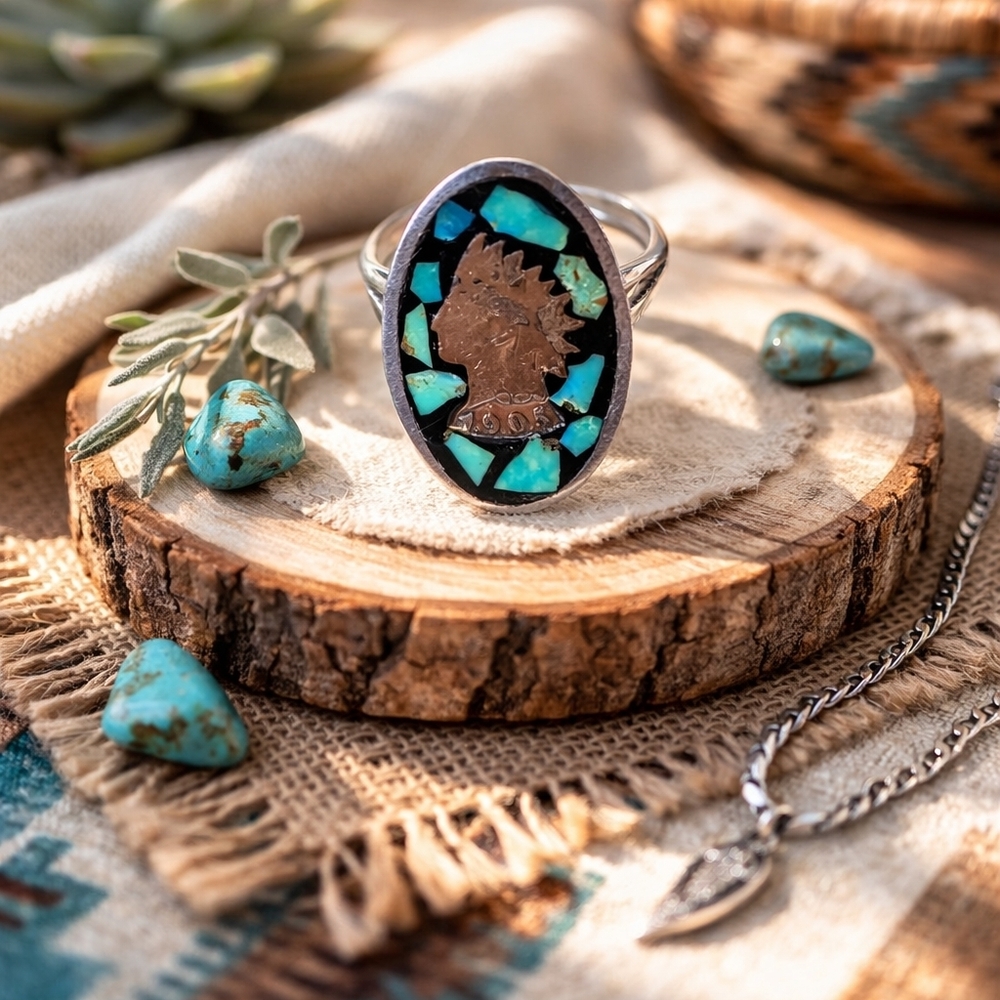 Turquoise Inlay Coin Profile Ring - Women's Silver Statement Ring